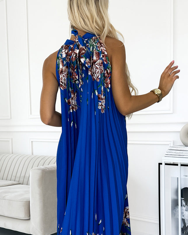 18109-5-ESTER Plissiertes Maxikleid aus Satin - blau mit Blumen-5