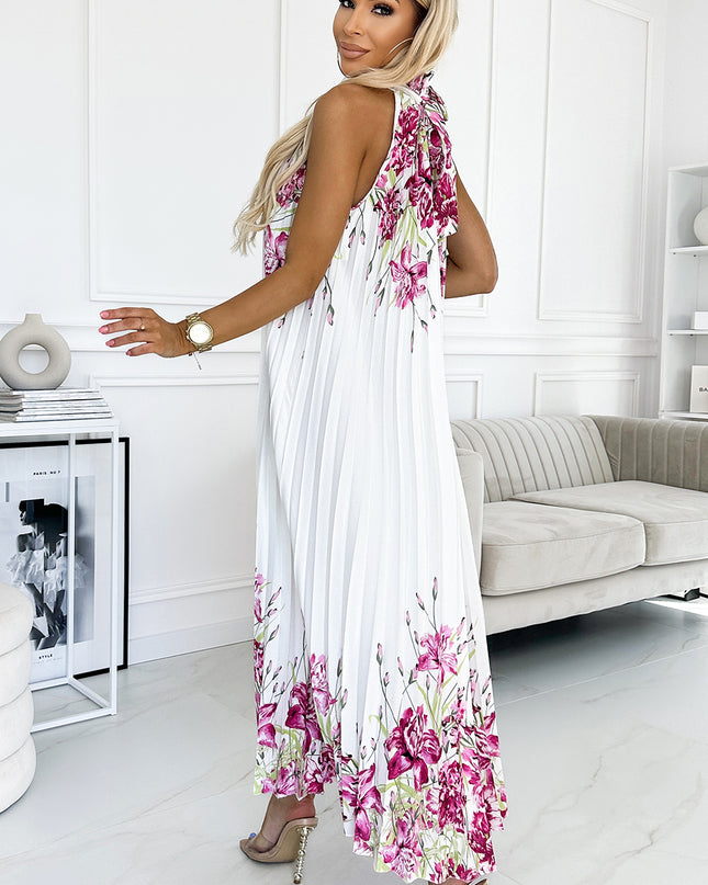 18108-3-456-2 ESTER Plissiertes Maxikleid aus Satin – weiß mit rosa Blumen-3