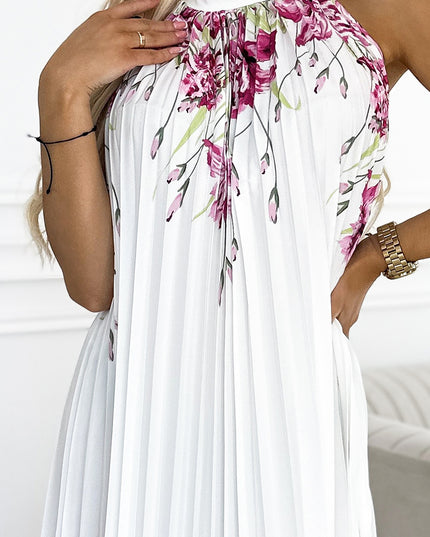 18108-6-456-2 ESTER Plissiertes Maxikleid aus Satin – weiß mit rosa Blumen-6