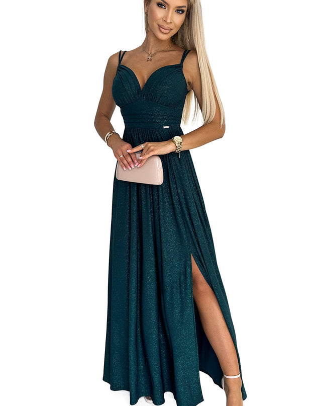 18083-7-460-1 JOVITE Langes Brokatkleid mit Trägern und Schlitz am Bein - grün-7