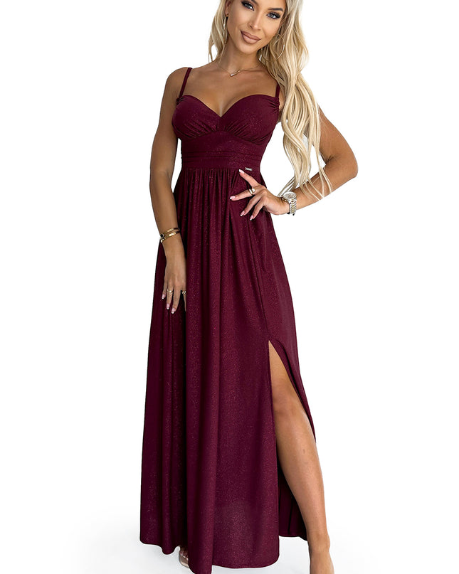 18318-7-JOVITE Langes Brokatkleid mit Trägern und Schlitz am Bein - weinrote Farbe-7