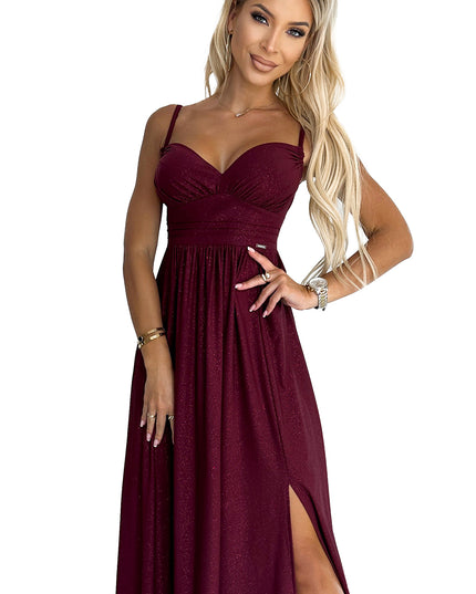 18318-8-JOVITE Langes Brokatkleid mit Trägern und Schlitz am Bein - weinrote Farbe-8