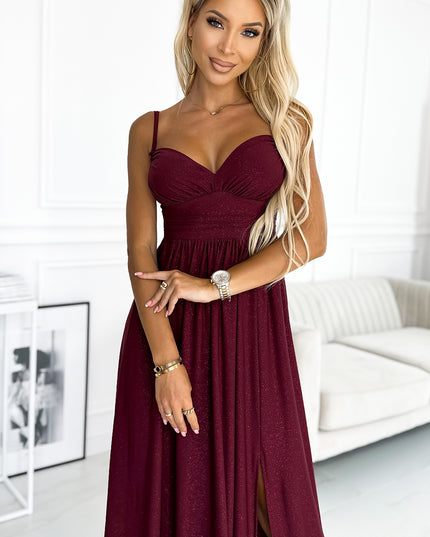 18318-2-JOVITE Langes Brokatkleid mit Trägern und Schlitz am Bein - weinrote Farbe-2
