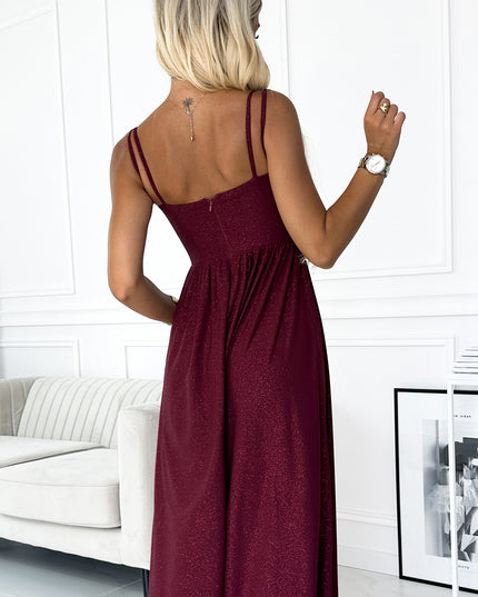 18318-5-JOVITE Langes Brokatkleid mit Trägern und Schlitz am Bein - weinrote Farbe-5