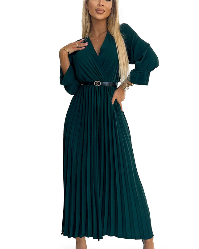 18499-7-462-2 SERENA Plissiertes Maxikleid mit Ausschnitt, Gürtel und 3/4-Ärmeln - Grün-7