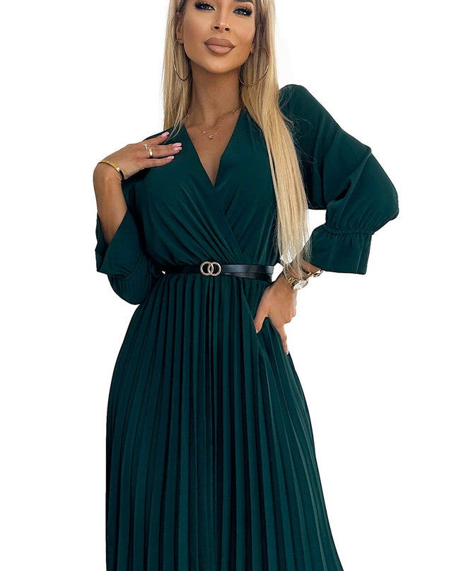 18499-8-462-2 SERENA Plissiertes Maxikleid mit Ausschnitt, Gürtel und 3/4-Ärmeln - Grün-8