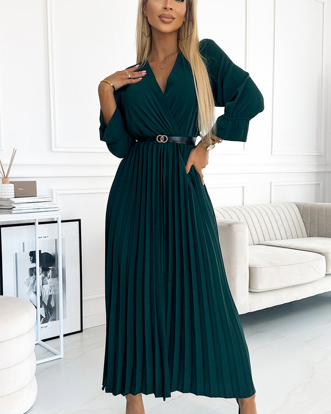 18499-1-462-2 SERENA Plissiertes Maxikleid mit Ausschnitt, Gürtel und 3/4-Ärmeln - Grün-1