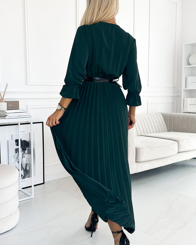18499-3-462-2 SERENA Plissiertes Maxikleid mit Ausschnitt, Gürtel und 3/4-Ärmeln - Grün-3