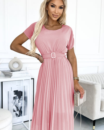 18164-1-465-3 MIA Plissiertes Midikleid mit breitem Gürtel - schmutziges Rosa-1