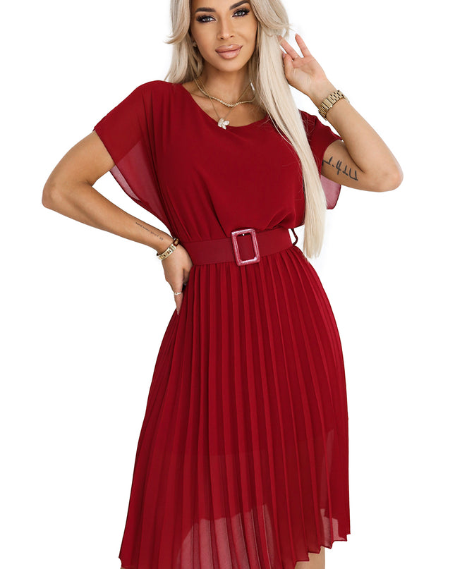 20283-6-MIA Plissiertes Chiffon-Midikleid mit breitem Gürtel – Burgunderrot-6