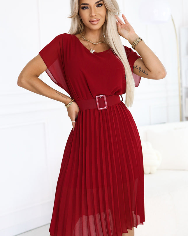 20283-1-MIA Plissiertes Chiffon-Midikleid mit breitem Gürtel – Burgunderrot-1