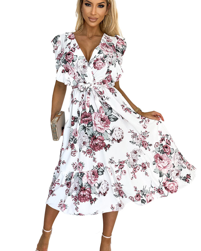 18107-9-466-1 GABRIELLA Kleid mit Rüschen, Ausschnitt und Bindung – weiß mit burgunderfarbenen Rosen-9