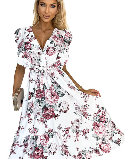 18107-8-466-1 GABRIELLA Kleid mit Rüschen, Ausschnitt und Bindung – weiß mit burgunderfarbenen Rosen-8