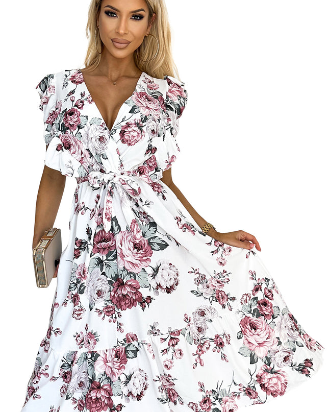 18107-8-466-1 GABRIELLA Kleid mit Rüschen, Ausschnitt und Bindung – weiß mit burgunderfarbenen Rosen-8