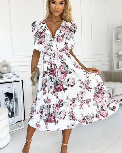 18107-2-466-1 GABRIELLA Kleid mit Rüschen, Ausschnitt und Bindung – weiß mit burgunderfarbenen Rosen-2