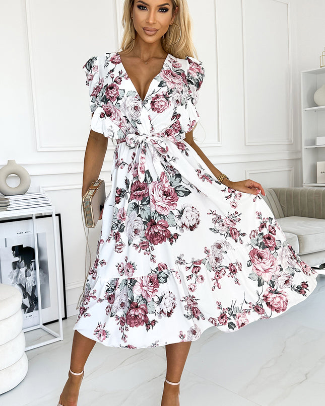 18107-2-466-1 GABRIELLA Kleid mit Rüschen, Ausschnitt und Bindung – weiß mit burgunderfarbenen Rosen-2
