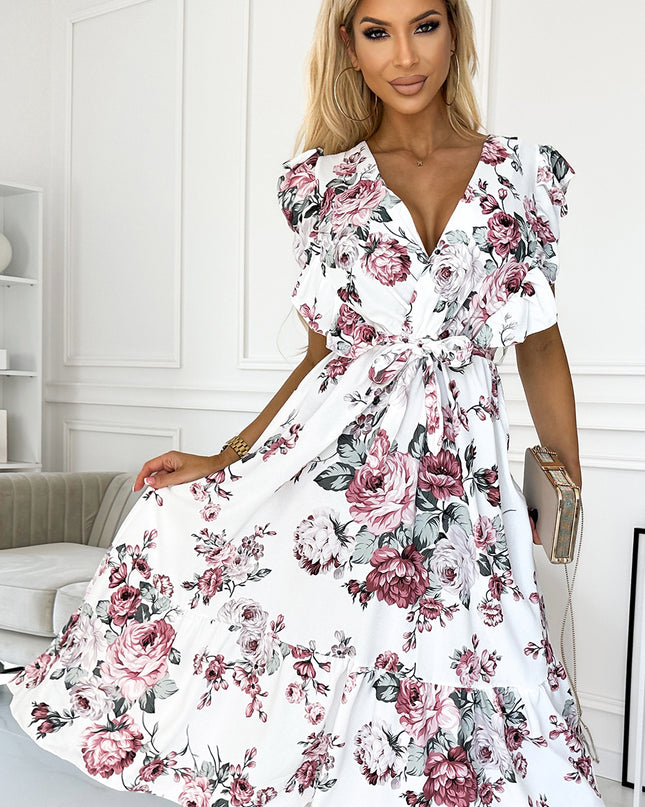 18107-7-466-1 GABRIELLA Kleid mit Rüschen, Ausschnitt und Bindung – weiß mit burgunderfarbenen Rosen-7