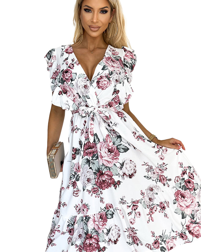 18107-10-466-1 GABRIELLA Kleid mit Rüschen, Ausschnitt und Bindung – weiß mit burgunderfarbenen Rosen-10