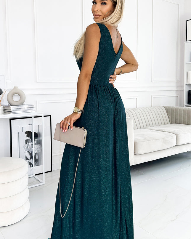 18097-3-467-1 LOUISE Langes Kleid aus Brokat mit Ausschnitt und Beinschlitz – grün-3