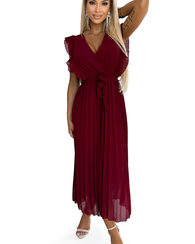 18241-7-469-1 Plissiertes Kleid mit Rüschen, Ausschnitt und Gürtel - Burgunderrot-7