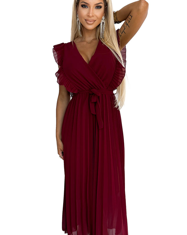 18241-8-469-1 Plissiertes Kleid mit Rüschen, Ausschnitt und Gürtel - Burgunderrot-8