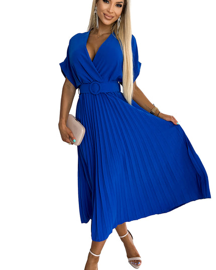 18221-7-471-2 FELICIA Plissiertes Midikleid mit Ausschnitt und breitem Gürtel - BLAU-7