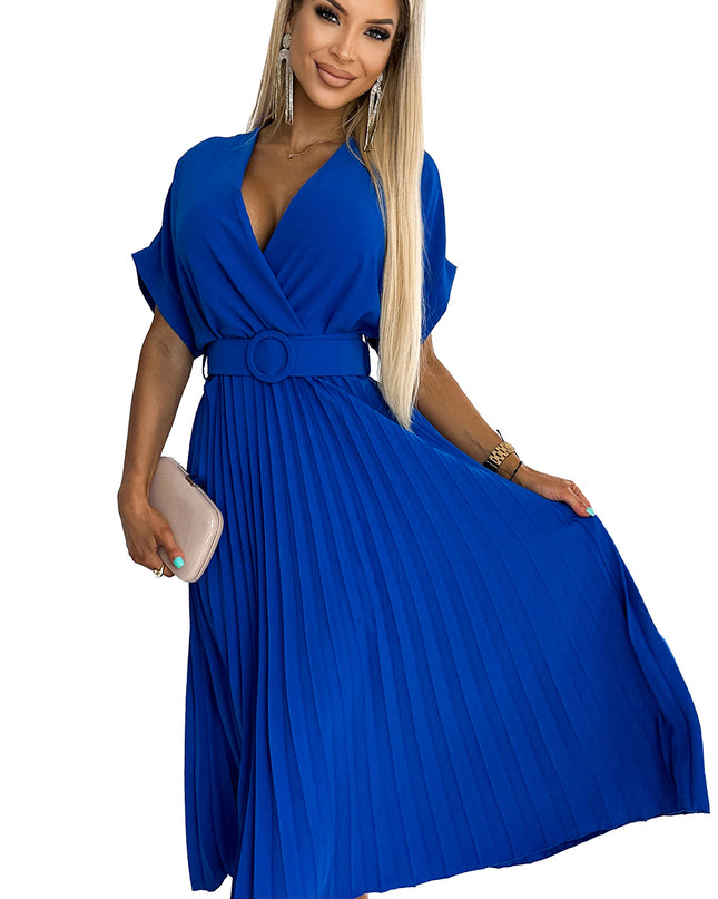 18221-8-471-2 FELICIA Plissiertes Midikleid mit Ausschnitt und breitem Gürtel - BLAU-8