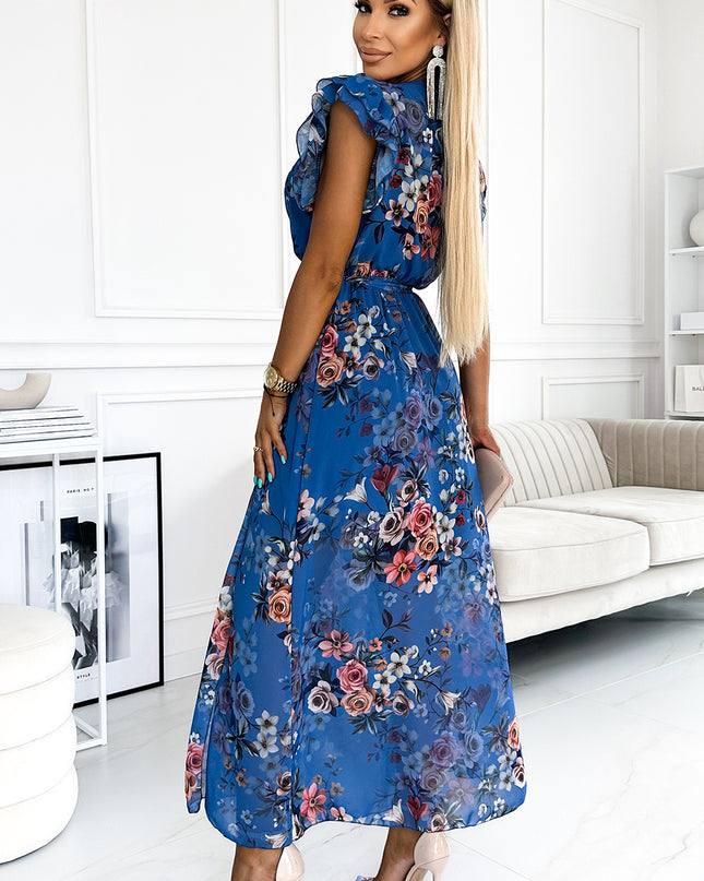 18188-3-473-1 ARIA Langes Kleid mit Ausschnitt und kurzen Ärmeln - blau mit Blumen-3