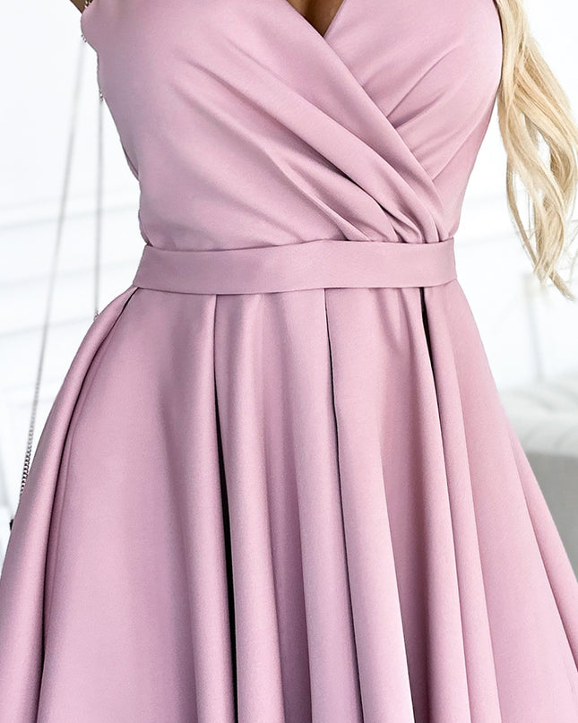 18267-5-478-2 MAYA Kleid mit längerem Rücken, Ausschnitt und Gürtel - schmutziges Rosa-5