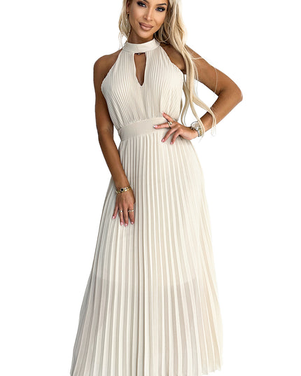 18302-7-484-1 Plissee-Midikleid mit Tropfenausschnitt - Beige-7