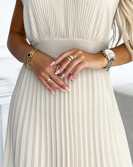 18302-6-484-1 Plissee-Midikleid mit Tropfenausschnitt - Beige-6