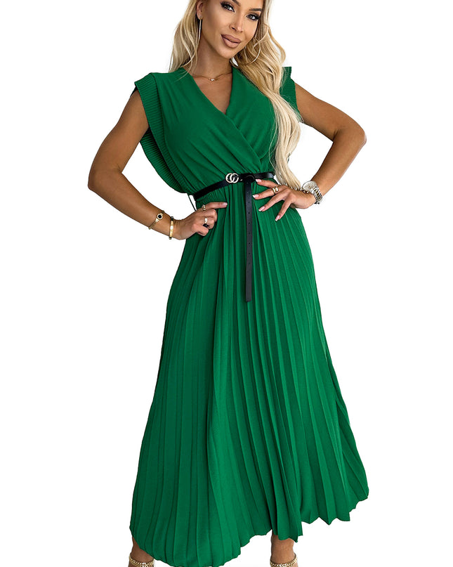18356-7-485-1 Plissiertes Kleid mit Rüschen, Ausschnitt und schwarzem Gürtel – grün-7