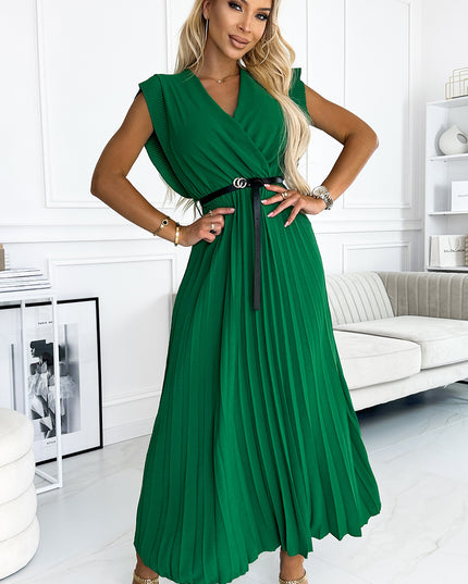 18356-1-485-1 Plissiertes Kleid mit Rüschen, Ausschnitt und schwarzem Gürtel – grün-1