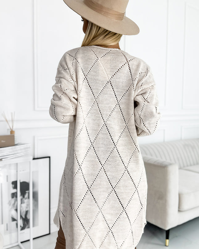 18707-3-486-2 Strickjacke - Pullover-Cape mit längerem Rücken aus durchbrochenen Rauten - Beige-3