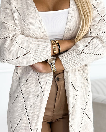 18707-5-486-2 Strickjacke - Pullover-Cape mit längerem Rücken aus durchbrochenen Rauten - Beige-5