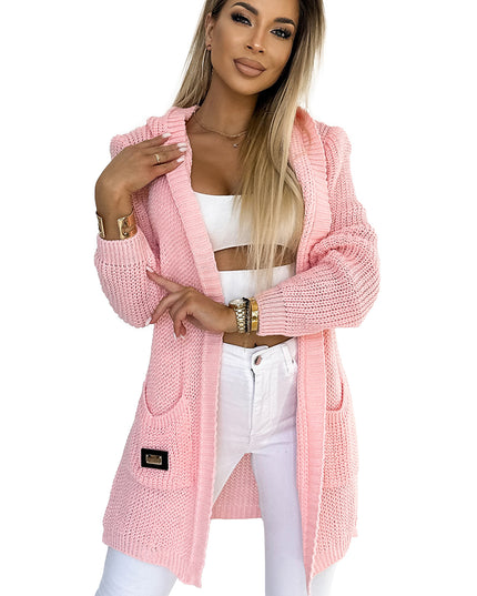 19177-6-488-3 Strickjacke – Umhang mit Kapuze, Taschen und Aufnäher – pfirsichfarben-6