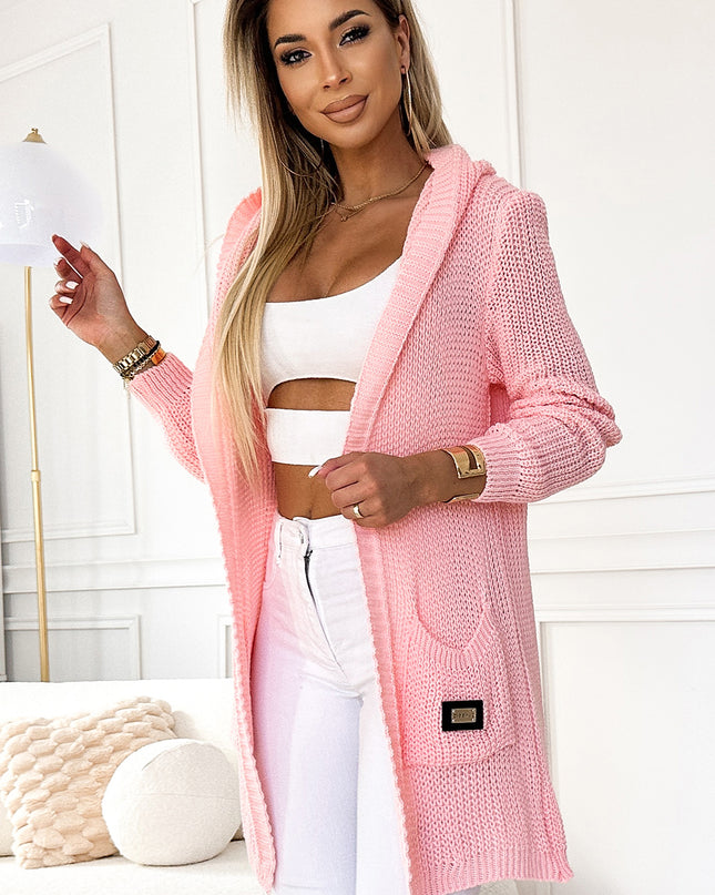 19177-4-488-3 Strickjacke – Umhang mit Kapuze, Taschen und Aufnäher – pfirsichfarben-4