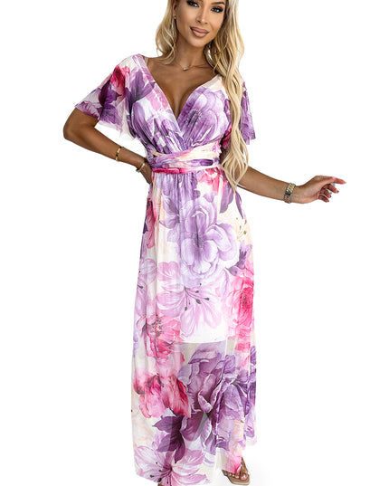 18296-7-489-1 CINZIA Kleid mit Ausschnitt, langem Taillenband und kurzen Ärmeln – lila-rosa große Blumen – Netzstoff-7