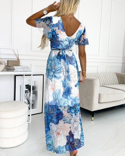 18297-3-489-2 CINZIA Kleid mit Ausschnitt, langem Taillenband und kurzen Ärmeln – blaue große Blüten – Netzstoff-3