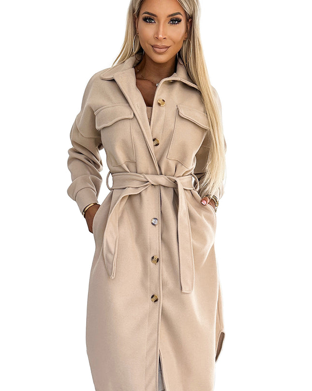 18524-7-493-1 Warmer Mantel mit Taschen, Knöpfen und Bindeband in der Taille – Beige-7