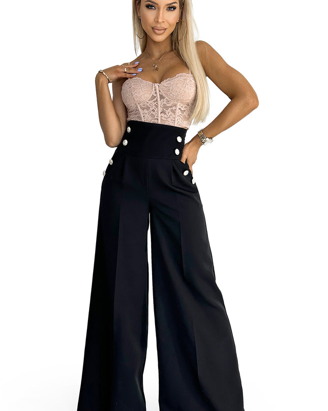 18341-7-496-1 Elegante weite Hose mit hoher Taille und goldenen Knöpfen - Schwarz-7
