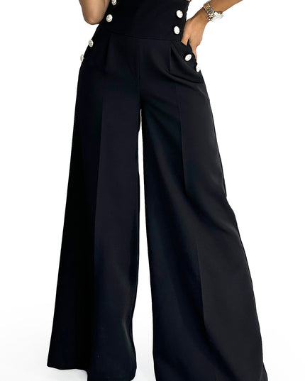 18341-8-496-1 Elegante weite Hose mit hoher Taille und goldenen Knöpfen - Schwarz-8