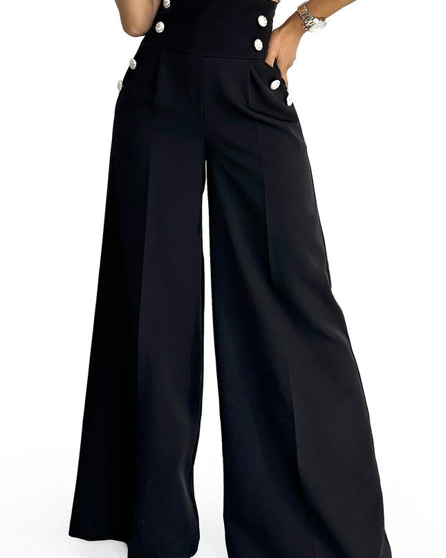 18341-8-496-1 Elegante weite Hose mit hoher Taille und goldenen Knöpfen - Schwarz-8
