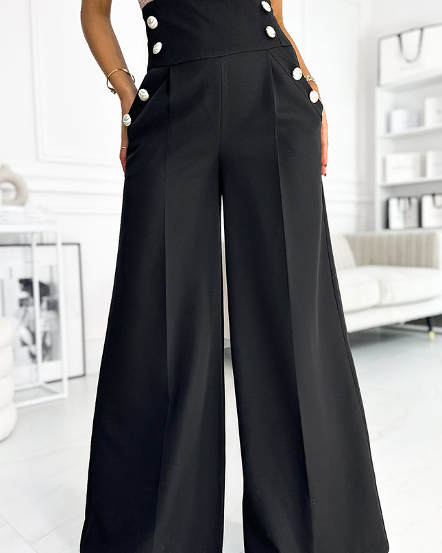 18341-2-496-1 Elegante weite Hose mit hoher Taille und goldenen Knöpfen - Schwarz-2