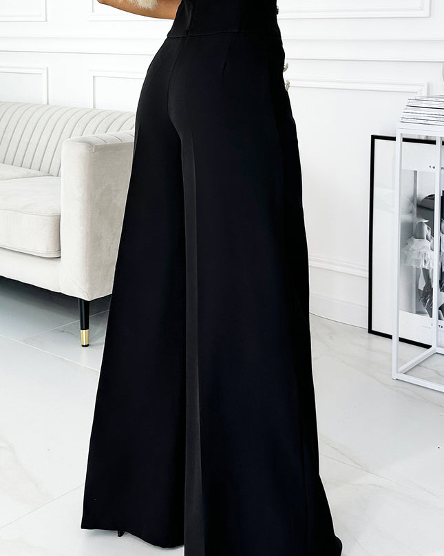 18341-5-496-1 Elegante weite Hose mit hoher Taille und goldenen Knöpfen - Schwarz-5