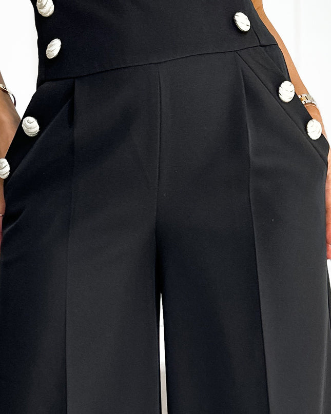 18341-6-496-1 Elegante weite Hose mit hoher Taille und goldenen Knöpfen - Schwarz-6