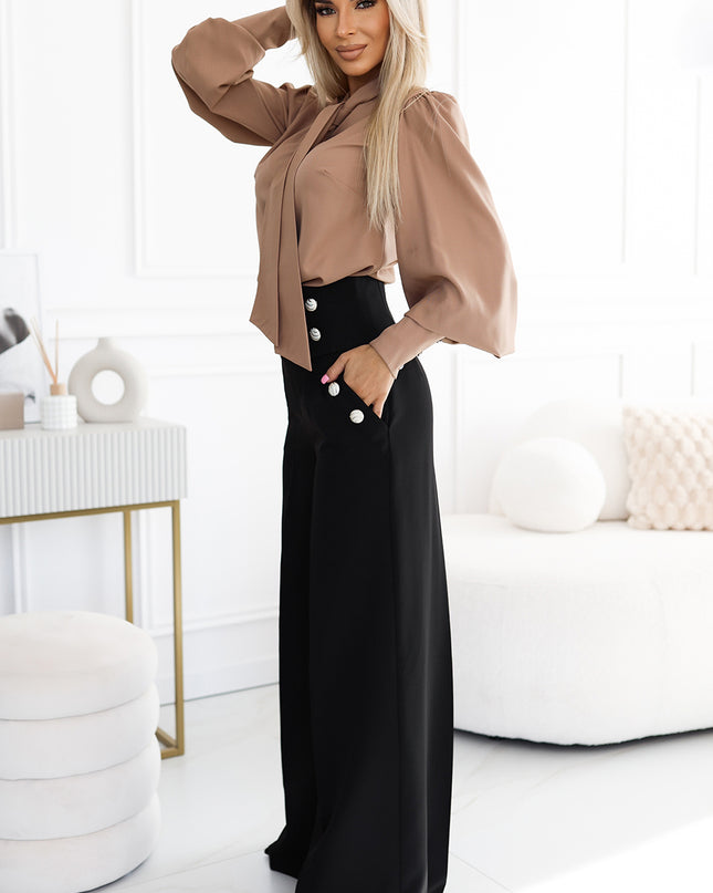 19773-2-496-2 Elegante weite Hose mit hoher Taille und goldenen Knöpfen - Schwarz-2