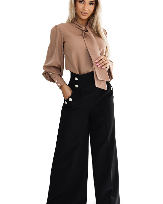 19773-10-496-2 Elegante weite Hose mit hoher Taille und goldenen Knöpfen - Schwarz-10