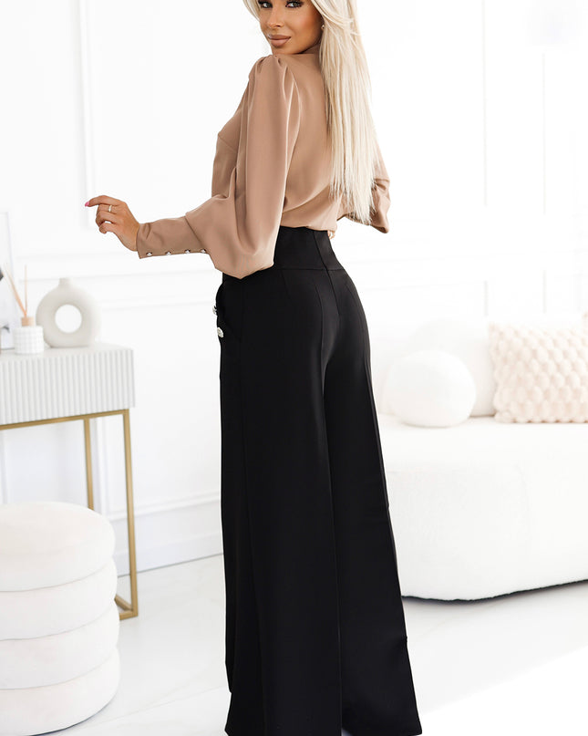 19773-3-496-2 Elegante weite Hose mit hoher Taille und goldenen Knöpfen - Schwarz-3