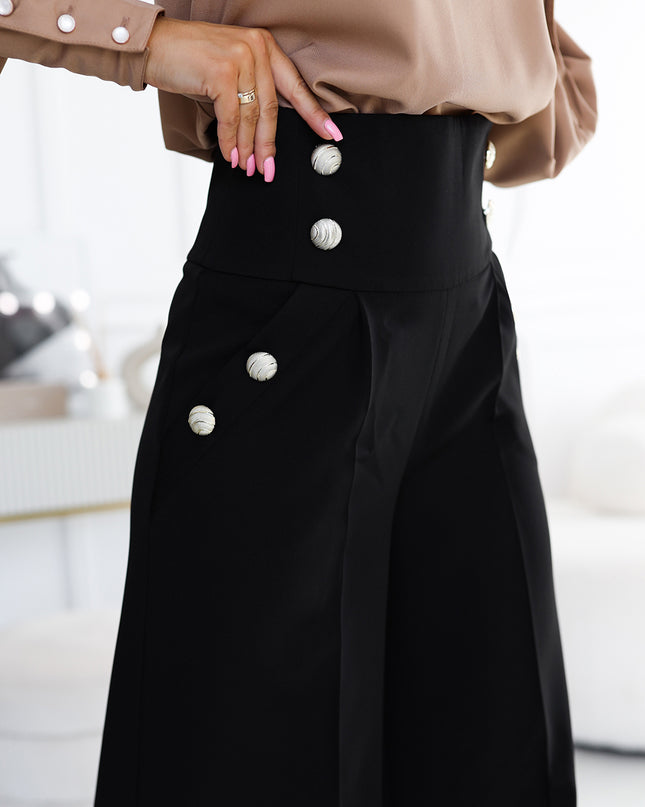 19773-9-496-2 Elegante weite Hose mit hoher Taille und goldenen Knöpfen - Schwarz-9
